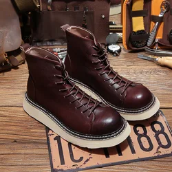 New Handmade Men British Ankle Boots Antumn Winter Cow Leather Vintage Tooling Boots Business Outdoor Motorcycle Boots