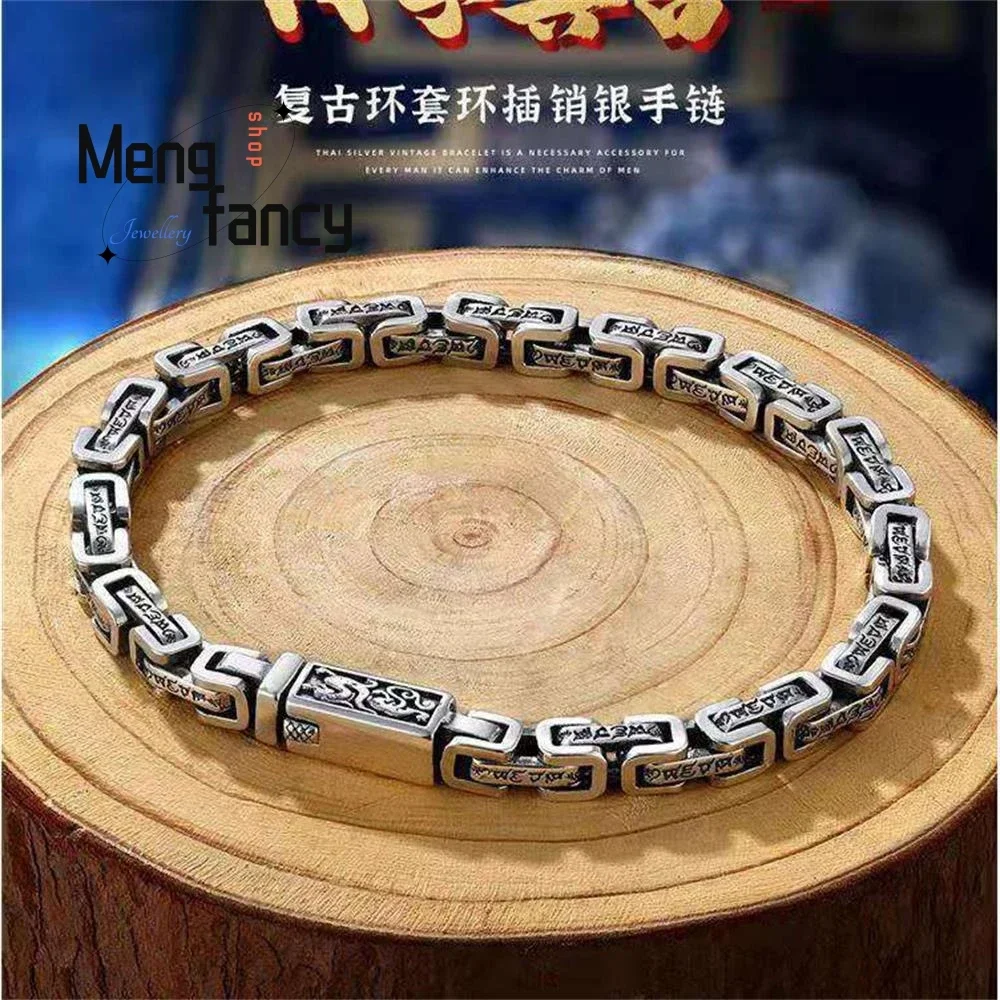 

Dragon Pattern Six Words of Truth Silver Bracelet Men Trend Retro Hipster Hip-hop Personalized Fashion Fine Jewelry Holiday Gift