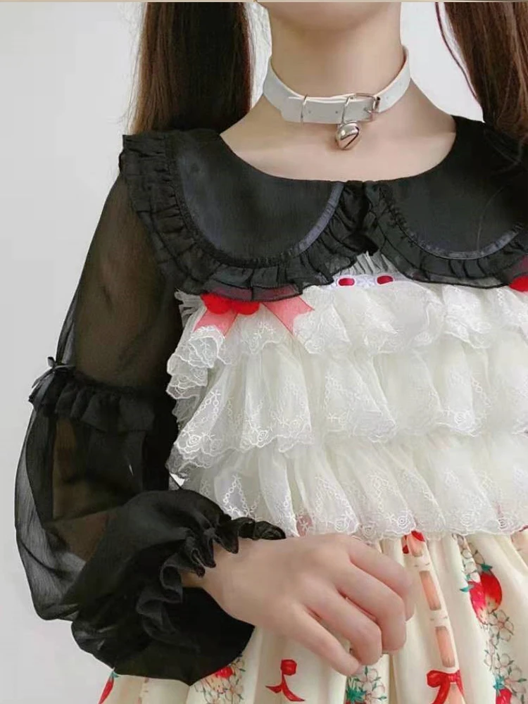 Lolita Lace Collar Blouse for Teens, Peter Pan Collar, Vintage Shirt, Korean Tops for Ladies, Black and White, Club Wear