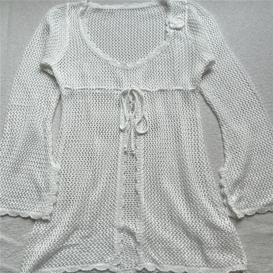 Sexy Langarm-Tunika mit Aushöhlungen, gehäkelt, gestrickt, Strand-Cover-up, Strandkleid, Strandmode, Damen, V5525 – Detail 12