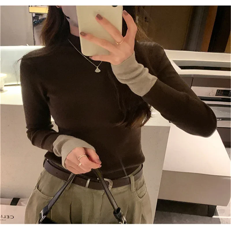 Women's Half Polo Turtle Neck Knit Base Layer Top Autumn Winter High End Feel Inner Sweater Design Sensibility Elegant Slimming