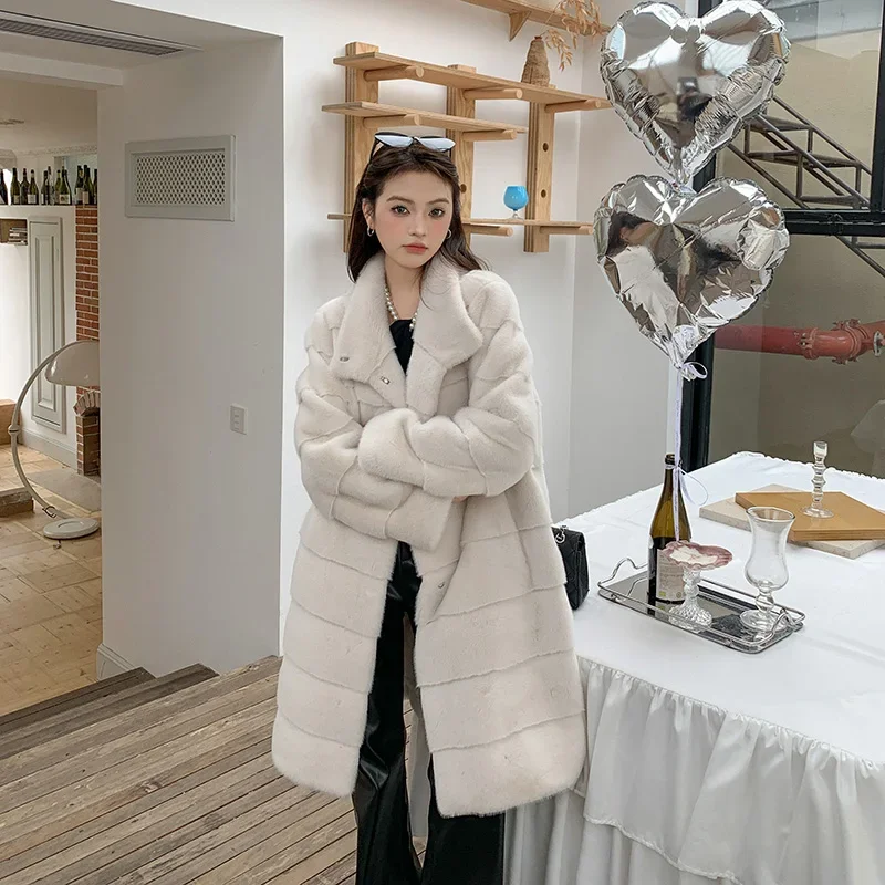 White Horizontal Striped Imitation Mink Fluffy Jacket for Women Luxury Clothing Eco Fur Coat Winter Faux Fur Coat Long 2023