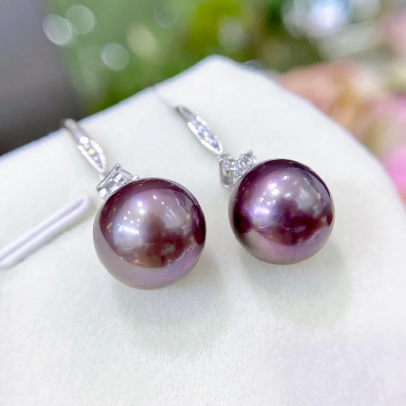 10-11mm Real Pearl 925 Sterling Silver Drop Earrings for Women with Almost Flawless High Quality Natural Purple Freshwater Pearl