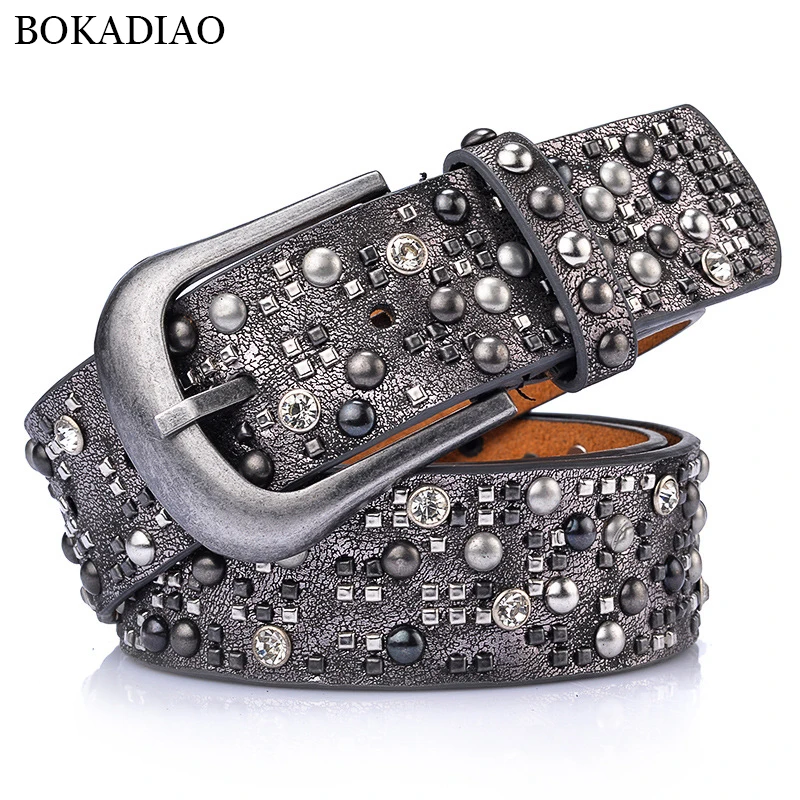 

BOKADIAO Women Belt Fashion Punk Pin Buckle Vintage Rivets Luxury Lady's Original Leather Belts For Women Jeans Waistband Female