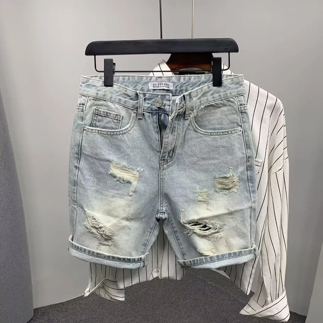 Men's Summer Scratched Broken Denim Shorts Fashion Brand Hole Side Beard Mid Jeans Short Pants