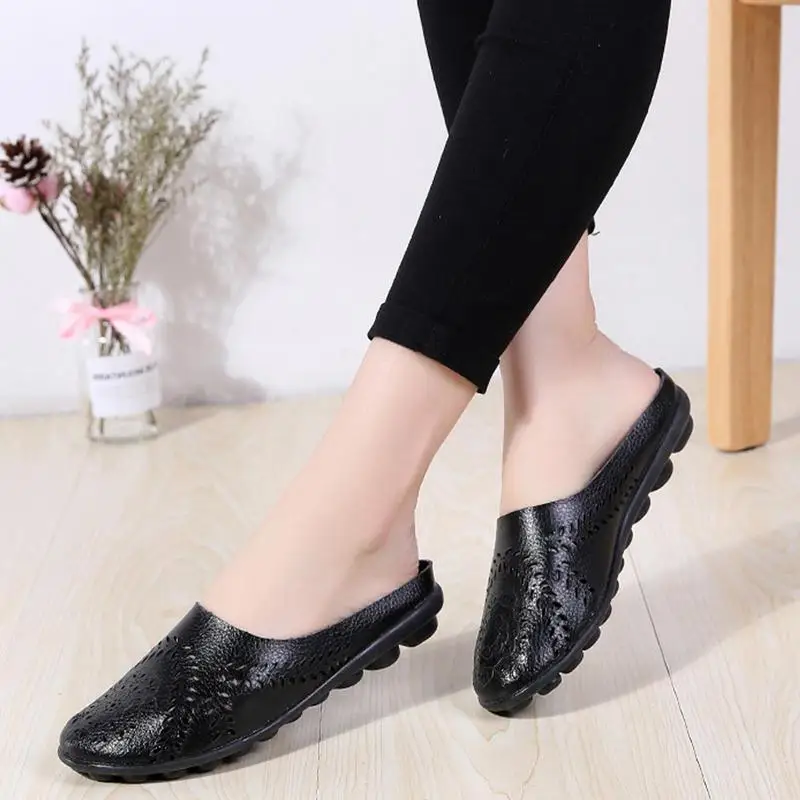 Casual All-match Hollow Slippers House Slippers Summer Leather Loafer Mules Sandals Flats For Women Dressy Comfortable Slip-on