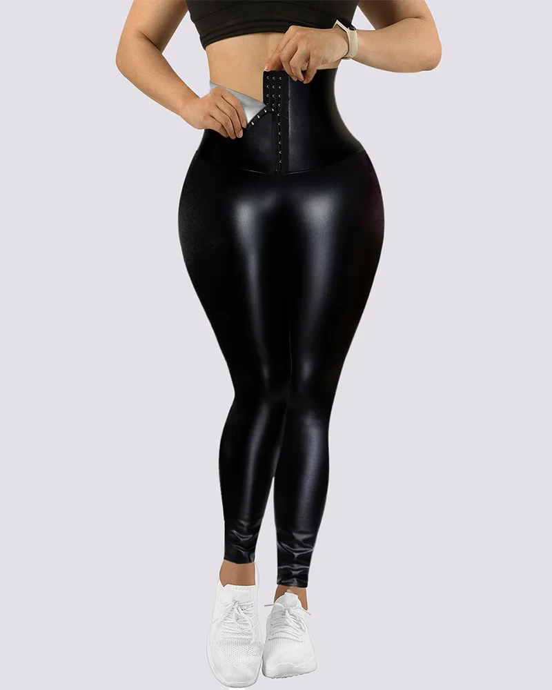 

Shiny Black sexy Women's front button leather pants High Waist Sexy Slim Black PU Trousers Fashion Custom