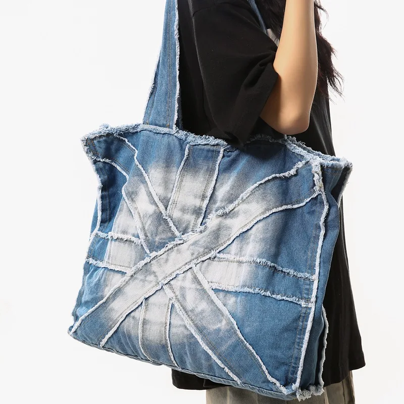 Old Retro Denim Bag Korean Version Literary Shoulder Bag Lazy Wind Large Capacity Splicing Portable Tote Bag for Men and Women