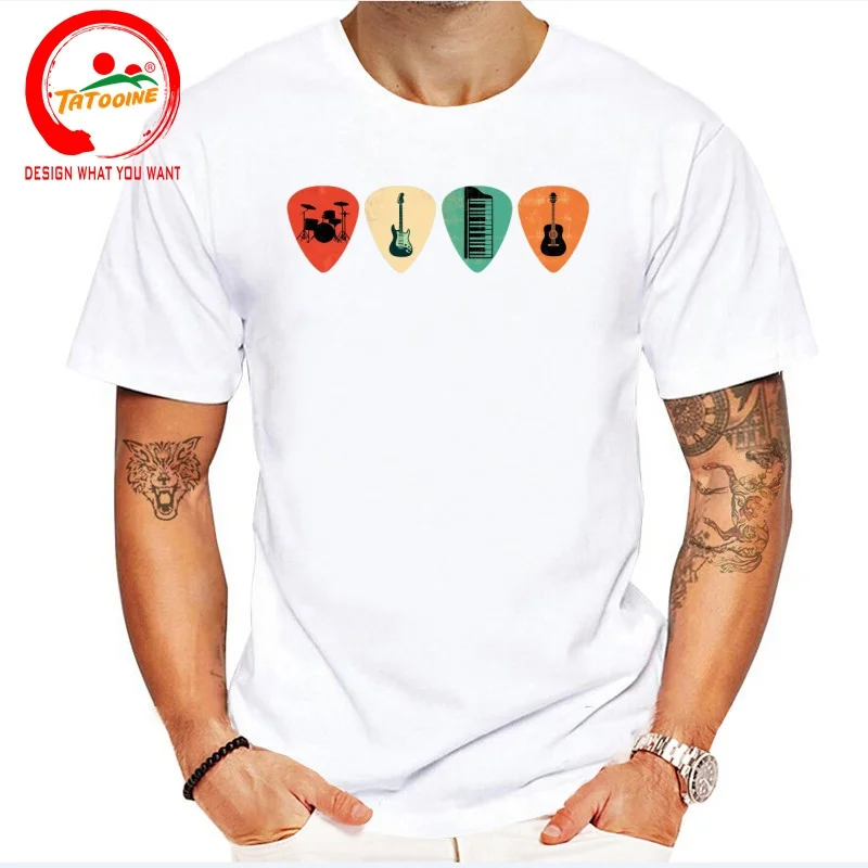 Retro Guitar Picks Graphic Tee Drum Piano Guitar Musician T Shirt Men Fashion Trendy Casual Clothing Stylish Tops Tee Shirt Leis