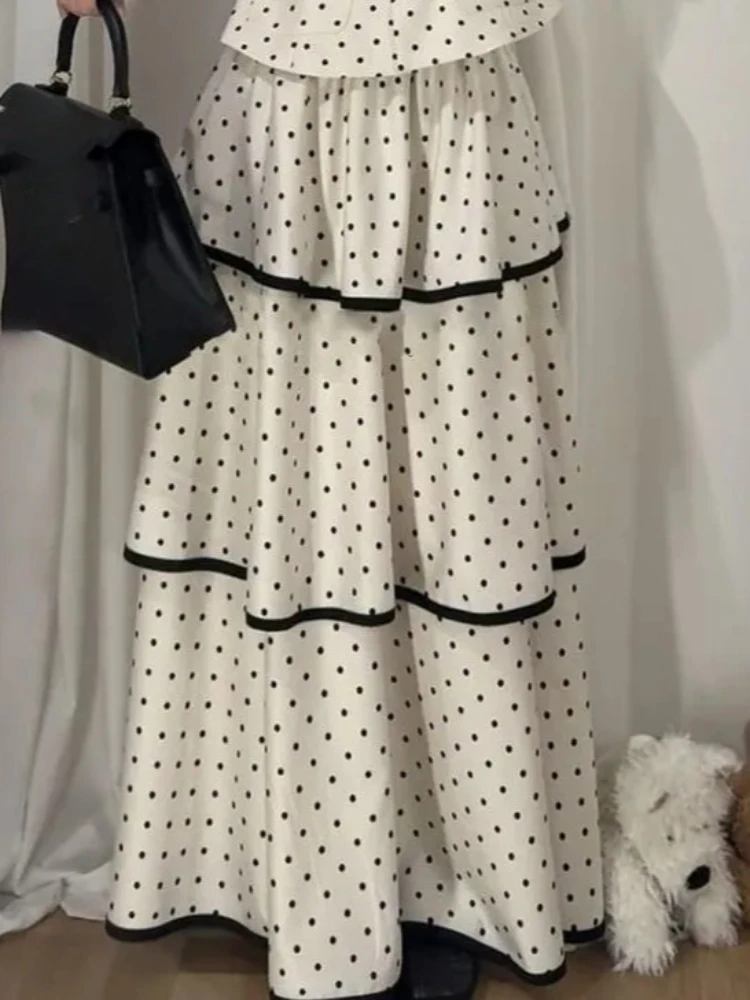2026 French Elegant Vintage Women's Two Pieces Set Bow Polka Dot Long-sleeve Tops + Long Skirts Slim Sweet Design Outfits Spring