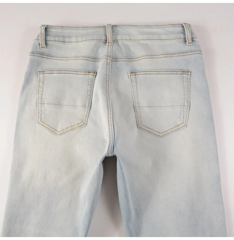 Herren Hellblaue Biker-Jeans mit Rissen, Falten und Patchwork-Design, Stretch-Denim-Hose, Streetwear, Löcher, Zerrissene Skinny-Hose – Detail 12