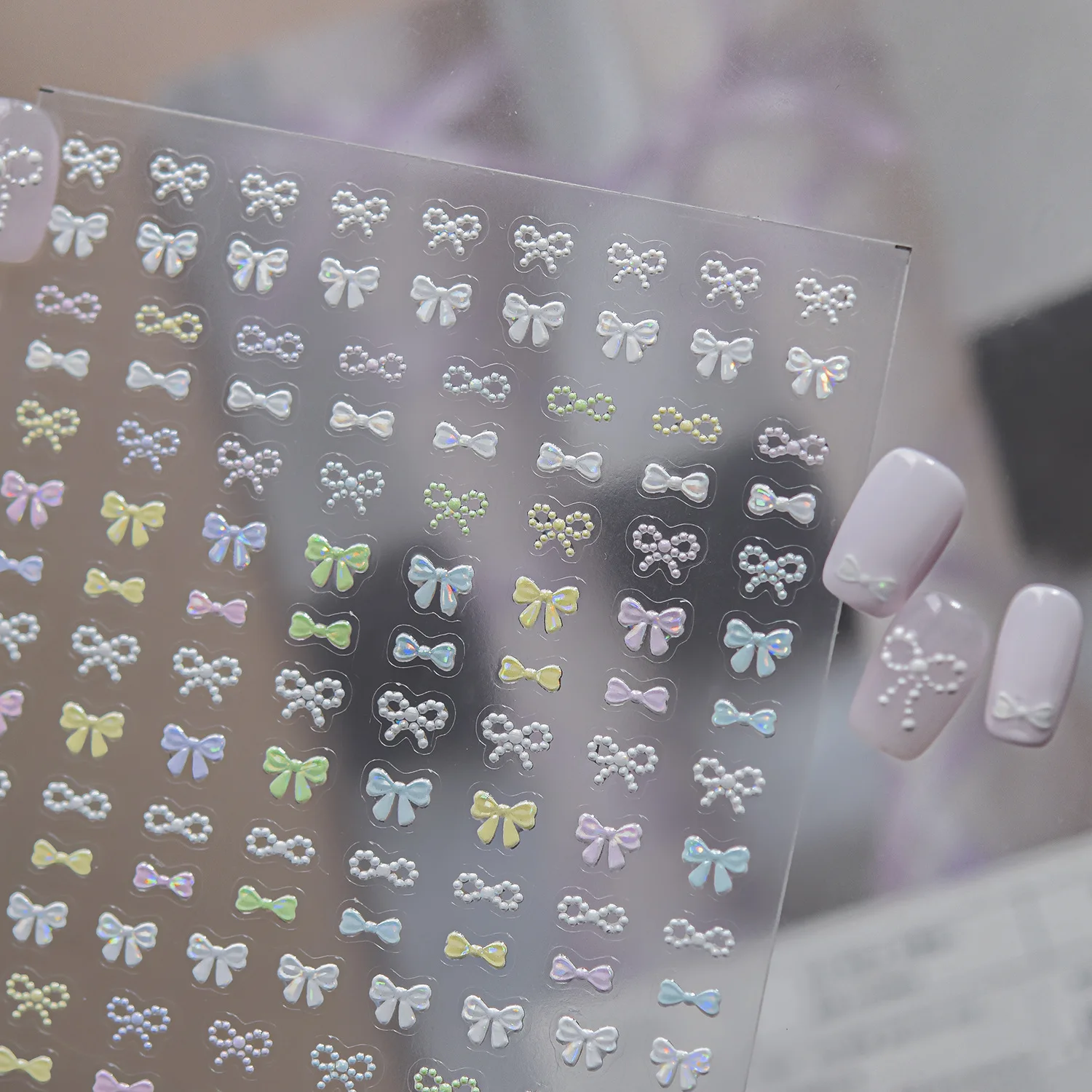 Sanfte Romantische Schleifenknoten 5D Nagelkunst-Aufkleber Regenbogen-Schleife Perlenstrang Makronen-Französische Schleife Selbstklebende Abziehbilder Maniküre für Frauen
