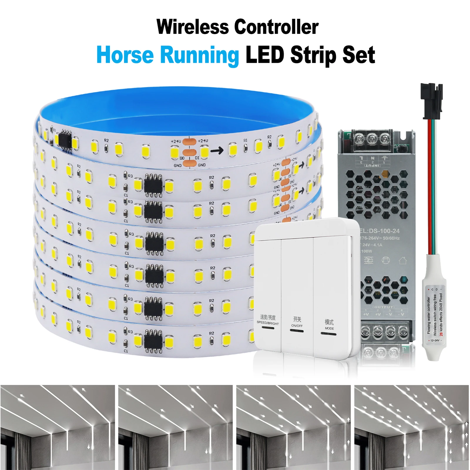 Running Water LED Strip Flowing Light WS2811 24V SMD2835 Wireless Controller Kit 120Leds/M Flex Horse Race Tape Blue/Red/White