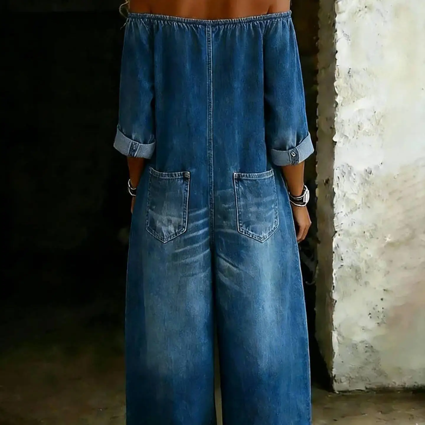 Spring 2026 Women's Sexy Single-Button Shoulder Bared Washed Denim Onesie Fashionable And Trendy Mid-Waist Nine-Piece Pants