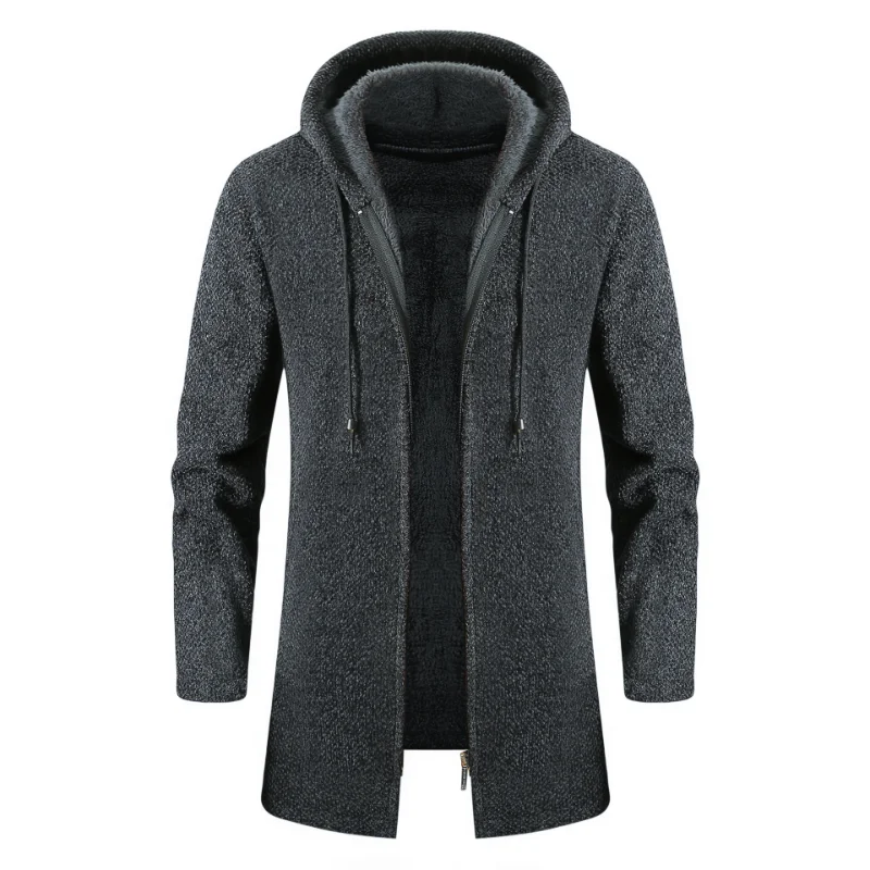 OIMG Men's medium to long length thick velvet solid color hooded loose knit sweater