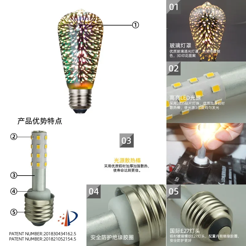 LED 3D Feuerwerk E27 Glühbirne Atmosphäre dekorative Glaskugel Urlaub festliche Weihnachten