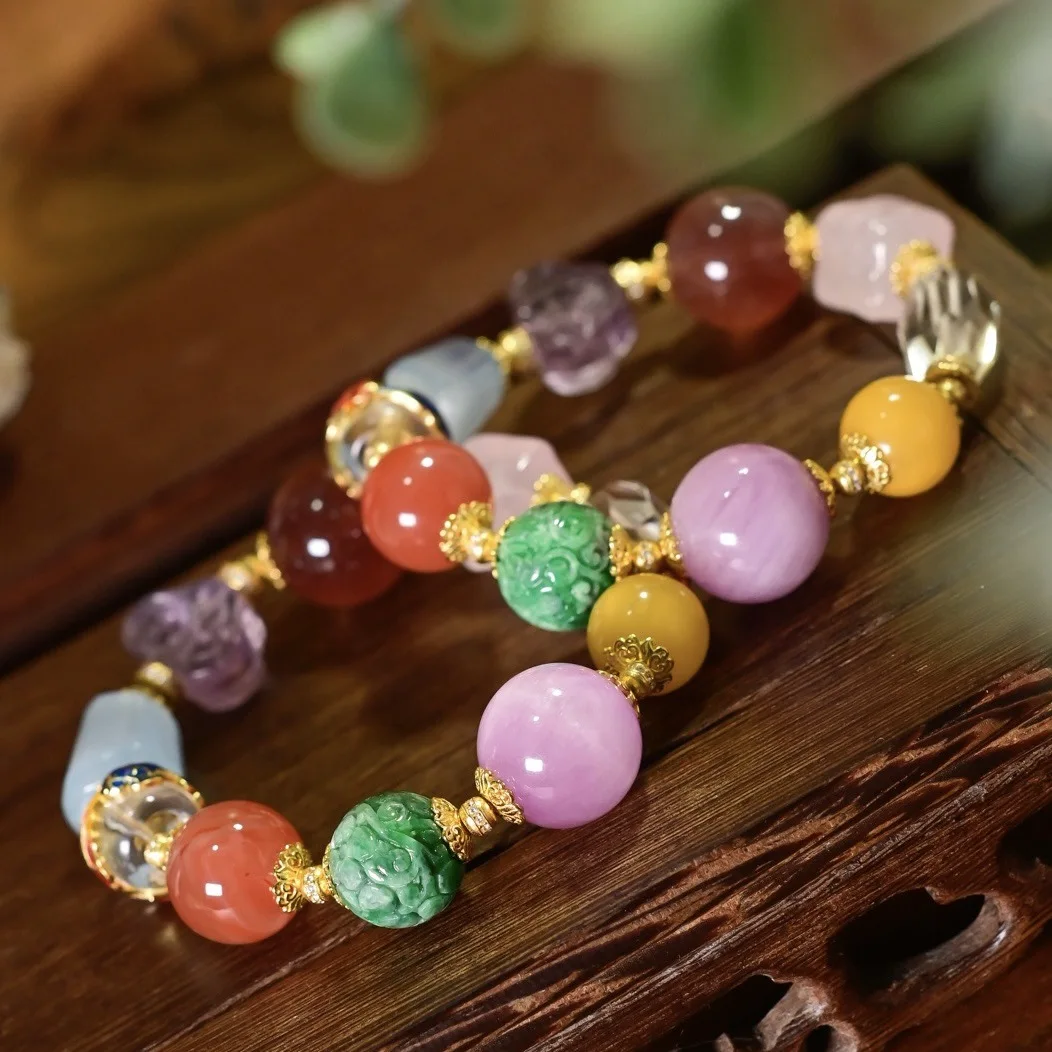 Natural Mixed Multi Gemstone Bracelet Kunzite Jadeite Beeswax Nanhong Agate Aquamarine S925 Silver Women Wrist Jewelry