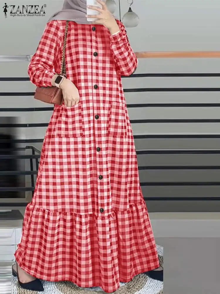 

ZANZEA Women Autumn Vintage Plaid Checked Sundress Robe Femme Casual Flounce Abaya Hijab Vestido O Neck Long Sleeve Muslim Dress