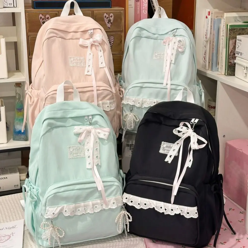 Casual Large Capacity Student Schoolbag Soft Nylon Lightweight Book Bags Bowknot Design Preppy Knapsack For Women Girls