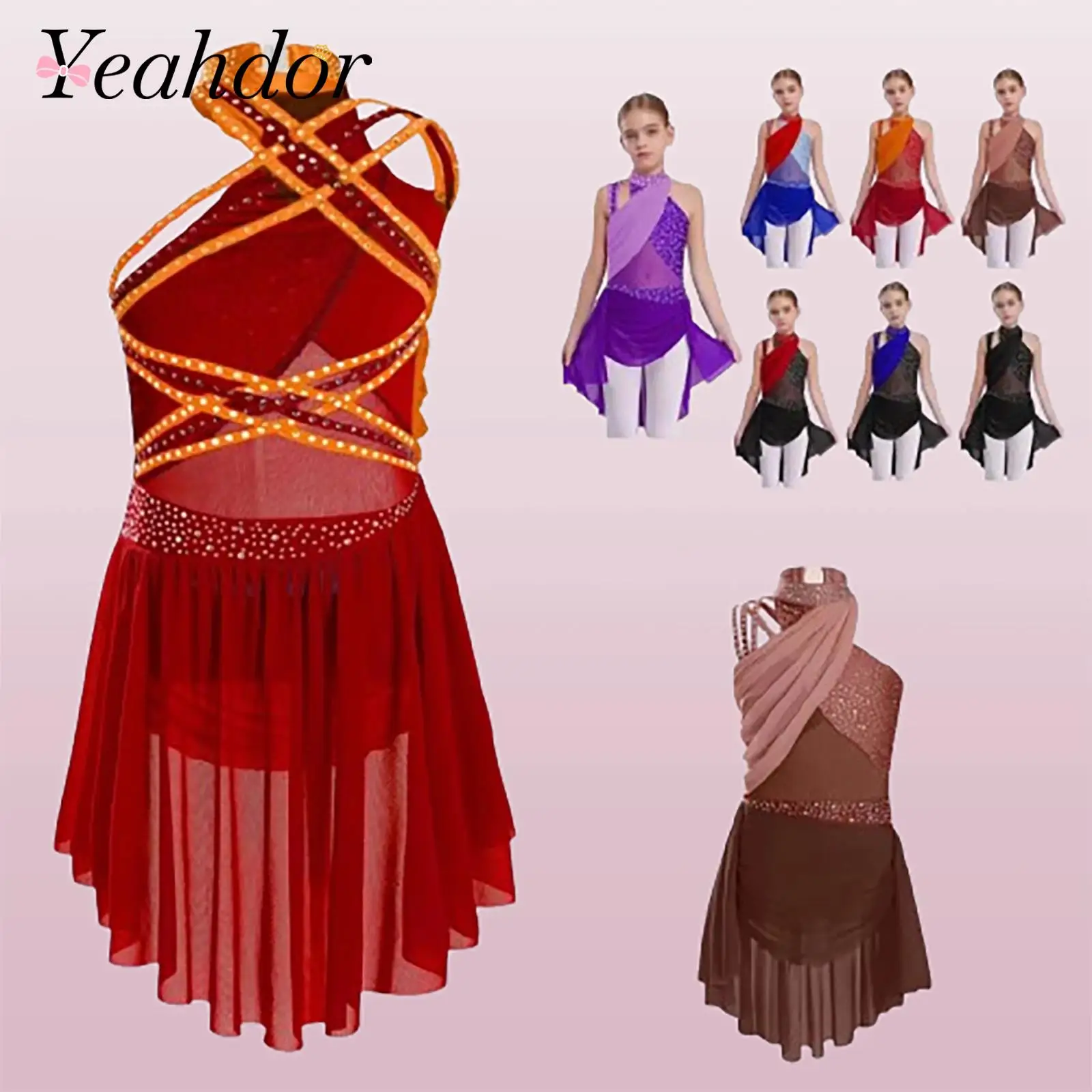 

Kids Lyrical Dance Costume Girls Stage Roller Figure Skating Dress Strappy Rhinestones Gymnastics Jumpsuit Ballet Leotard Dress