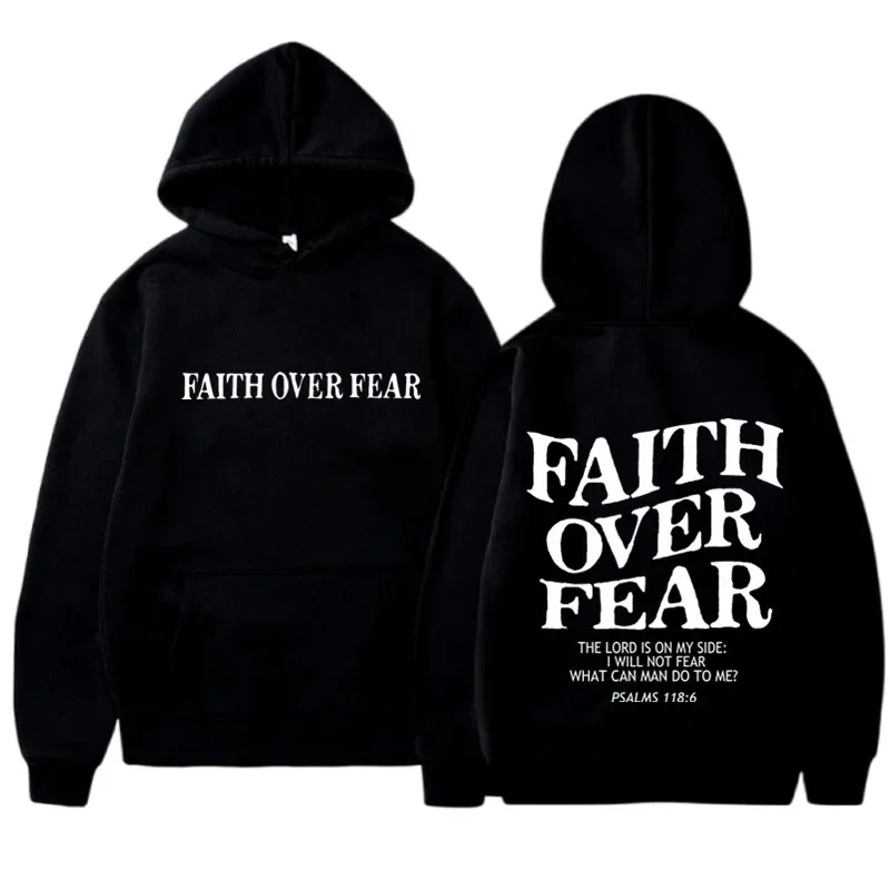 Herren-Hoodie mit „Faith Over Fear“-Grafik – Schwarzes Pullover-Sweatshirt mit inspirierender Mischung für lässige Streetwear-Hoodies und Oberteile