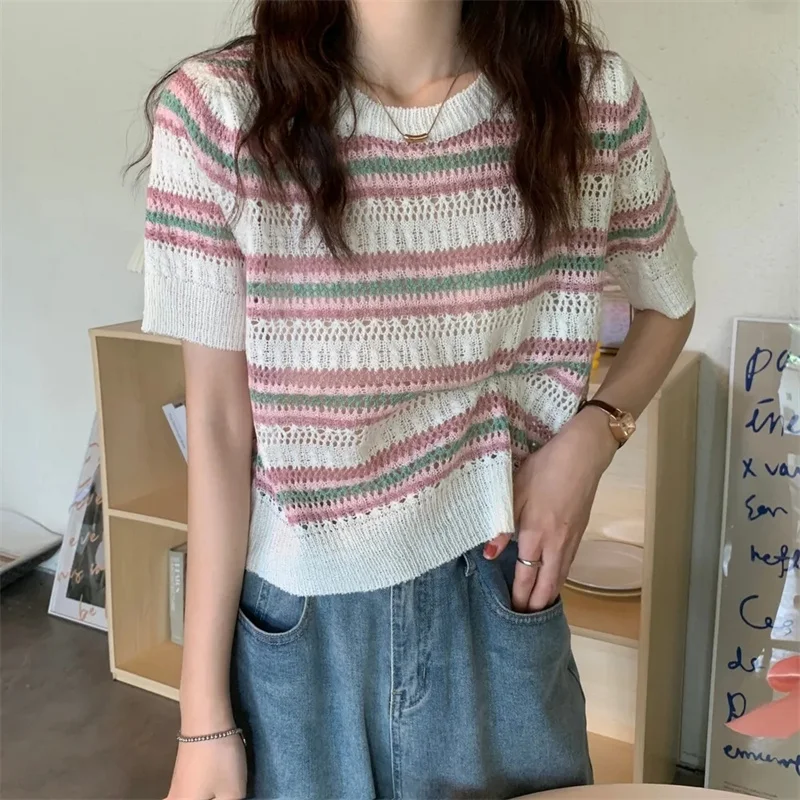 Hollow Out T-shirts Women Knitted Summer Cozy Striped New Fashion Leisure Young Office Female Korean Style Sweet All-match Chic