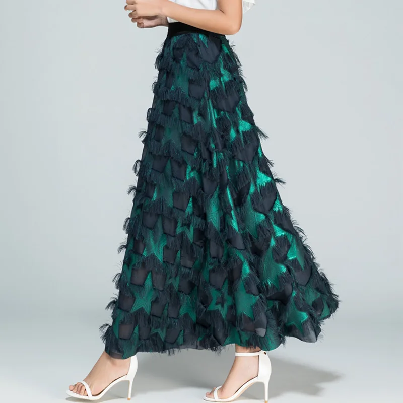 2025 Summer Plus Size Love Brown Green Chiffon Tassel Elegant Fashion Women's  A-line Skirt Womens Woman spring flowy skirt