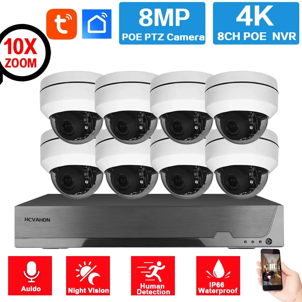 

Купольная камера с 10-кратным зумом 4K POE Система безопасности Tuya 8CH 8MP POE NVR Комплект аудио для дома CCTV POE IP Купольная камера Комплект видеонаблюдения