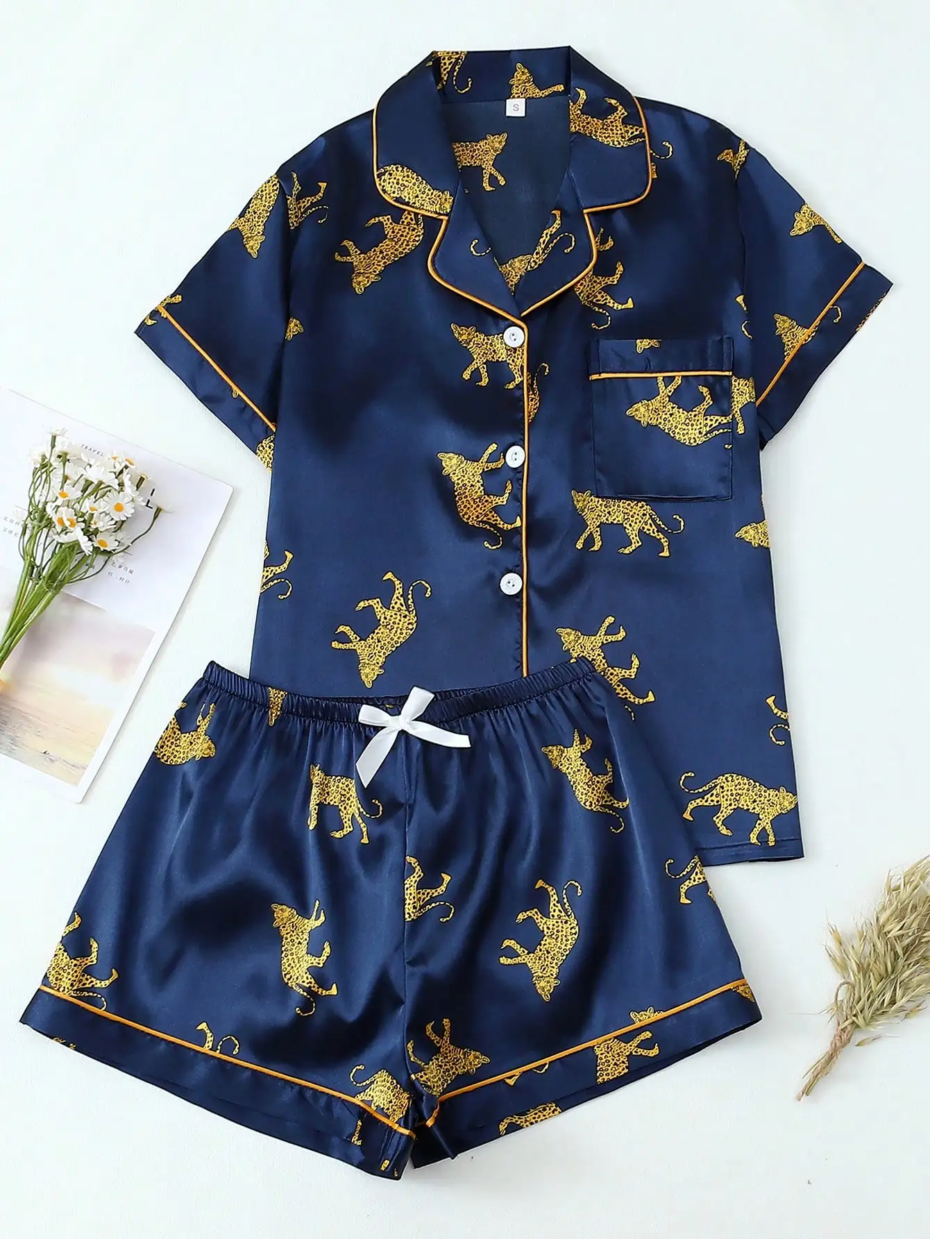 

Navy Blue Satin Pajama Set with Gold Animal Print, Short Sleeve Shirt & Bowknot Shorts