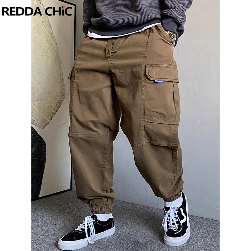 

REDDACHIC однотонные мужские брюки-карго с большими карманами, шаровары с эластичной резинкой на талии и широкими штанинами, повседневная одежда в стиле ретро