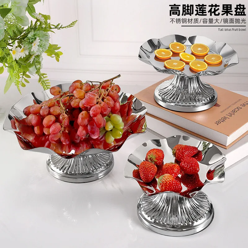 Mirror Merchant Snack Dining Table Snack Dim Sum Plate Stainless Steel High Lotus Fruit Plate