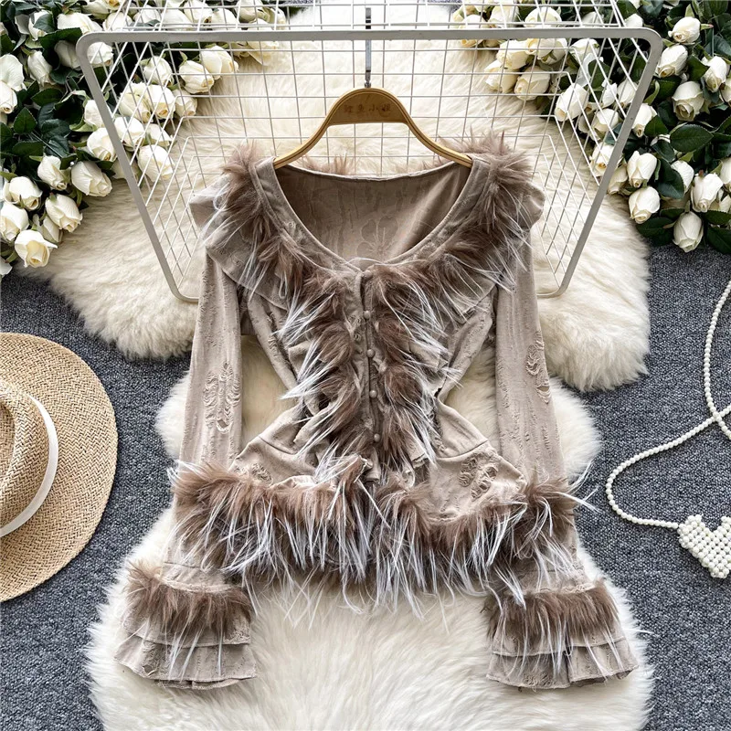 

Flare Sleeve Feather Patchwork V Neck Slim T Shirt New Fall Winter Retro Black Khaki Top Vintage Ripped Hole Bottoming Shirt