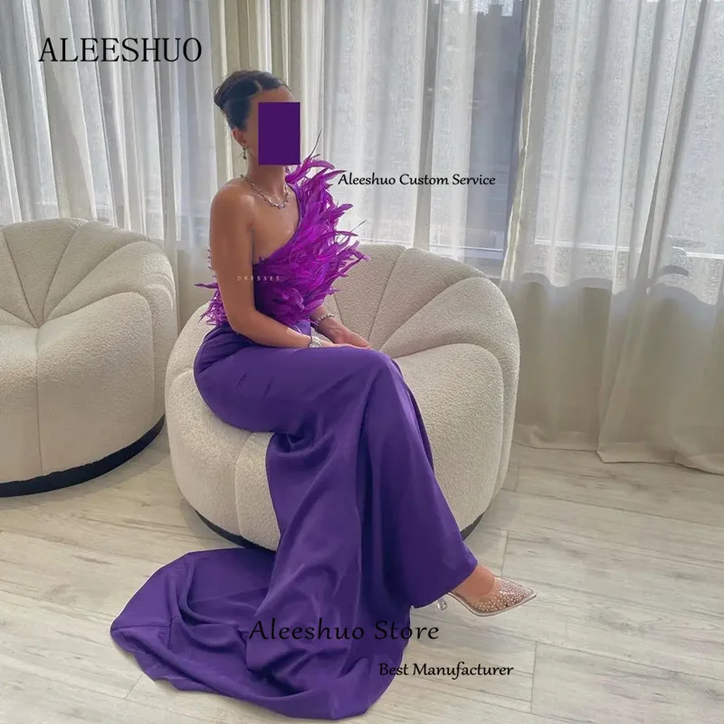 Aleeshuo-vestido de fiesta de sirena de satén morado, vestidos de fiesta con plumas plisadas y un hombro, vestido de fiesta sin mangas, personalizado