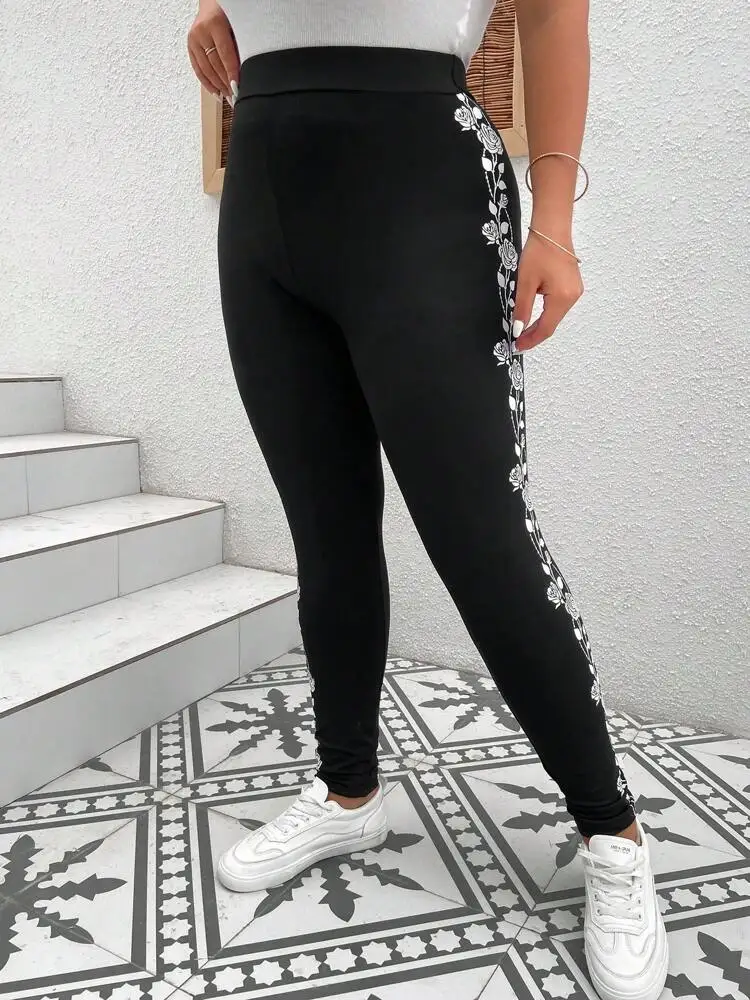 Side floral print elastic elastic waist slim-fit women casual leggings everyday wear