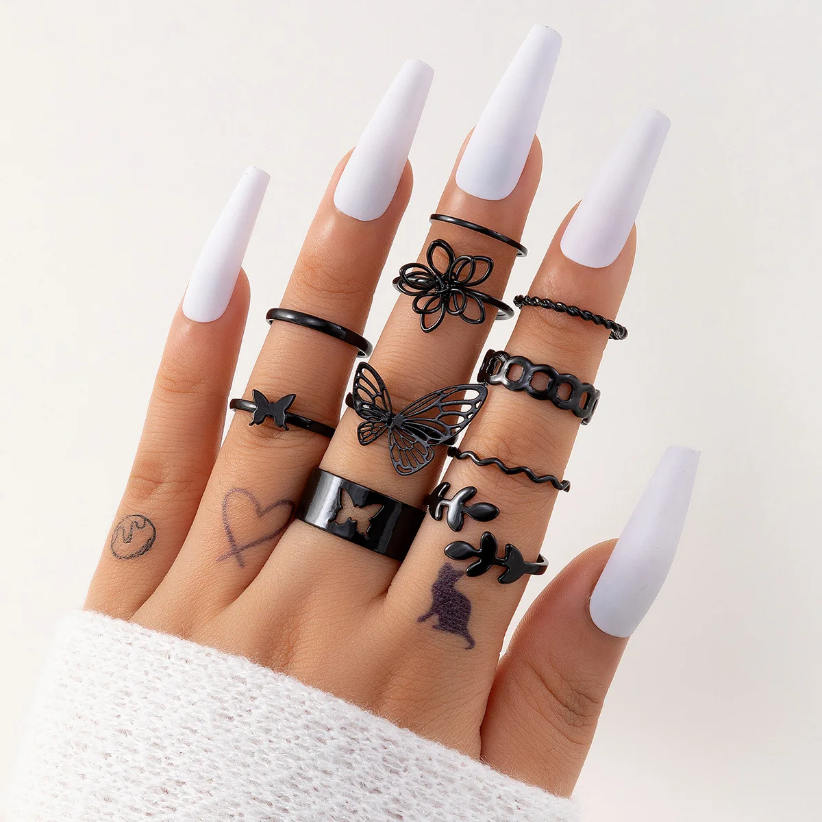 Fashion Punk 10Pcs Black Hollow Butterfly Flower Rings Set For Women Temperament Simple Aesthetic Finger Ring Goth Party Jewelry