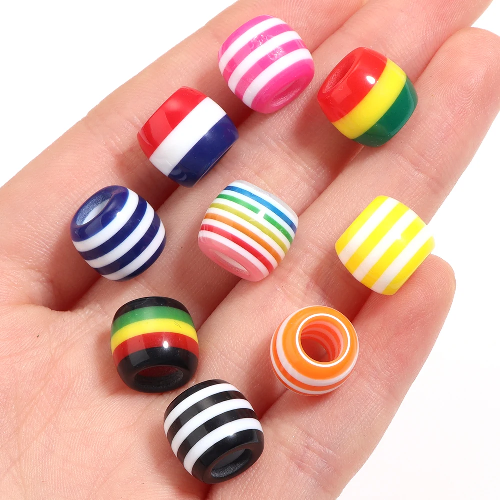 50pcs Rainbow Color Stripe Pattern Barrel Shape Resin Beads for Jewelry Making Big Hole Loose Spacer Beads DIY Bracelet Necklace