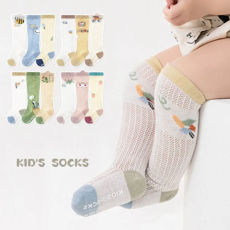 3Pairs/Lot Newborn Girls Long Mesh Socks Cool Thin Children Cotton Over Knee High Socks Summer Cartoon Print Non-slip Socks Pack