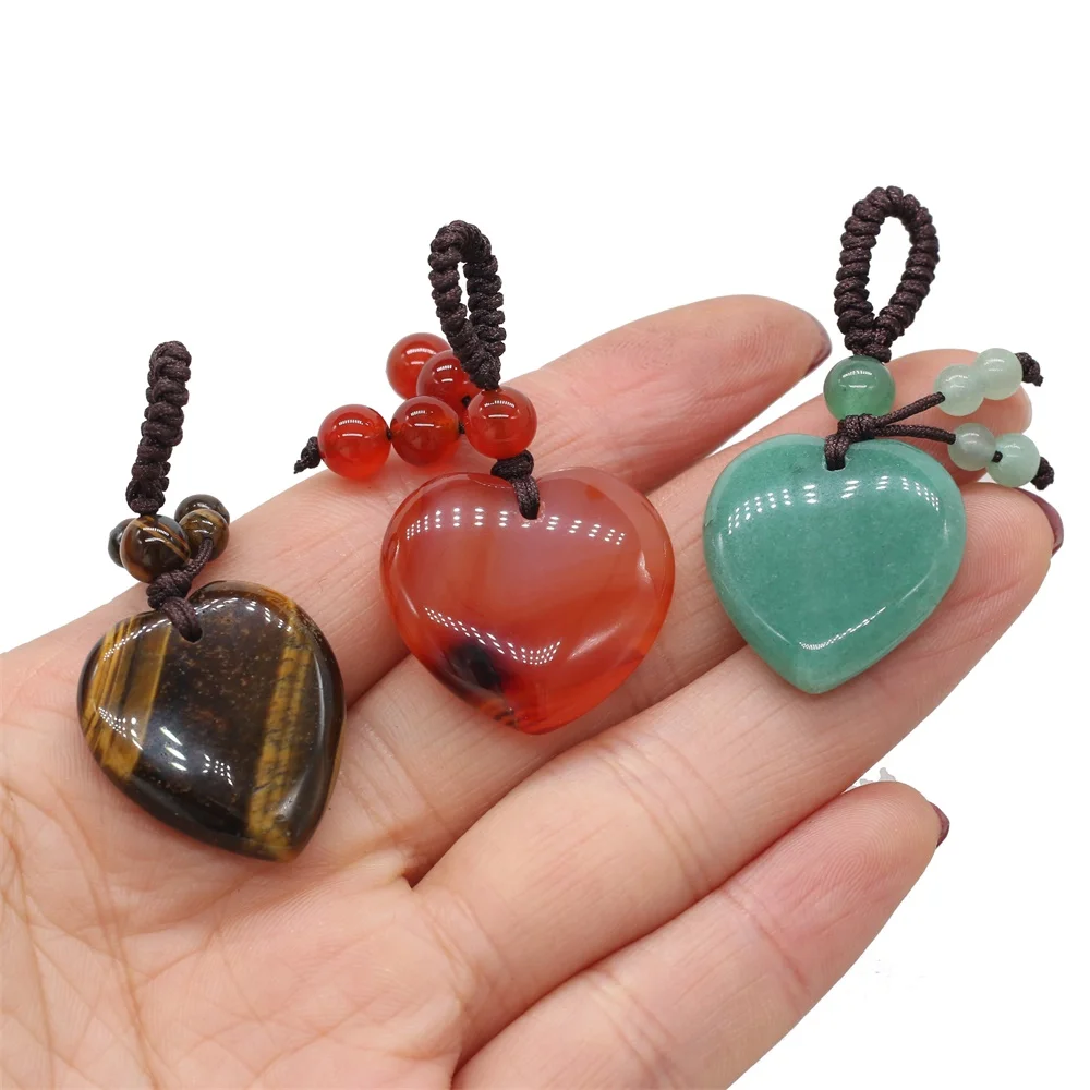 25mm Natural Stone Keychain for Women Crystal Agate Amethyst Rose Quartz Heart Pendant Handbag Car Keychain Jewelry Accessories