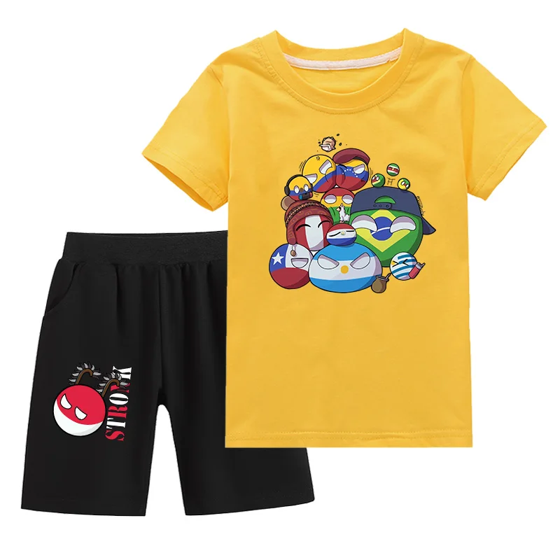 New Baby Boys Girls Polandball Countryball Anime T-shirt Short Set Cartoon Cotton Short Sleeve Casual Fashion Clothing Set