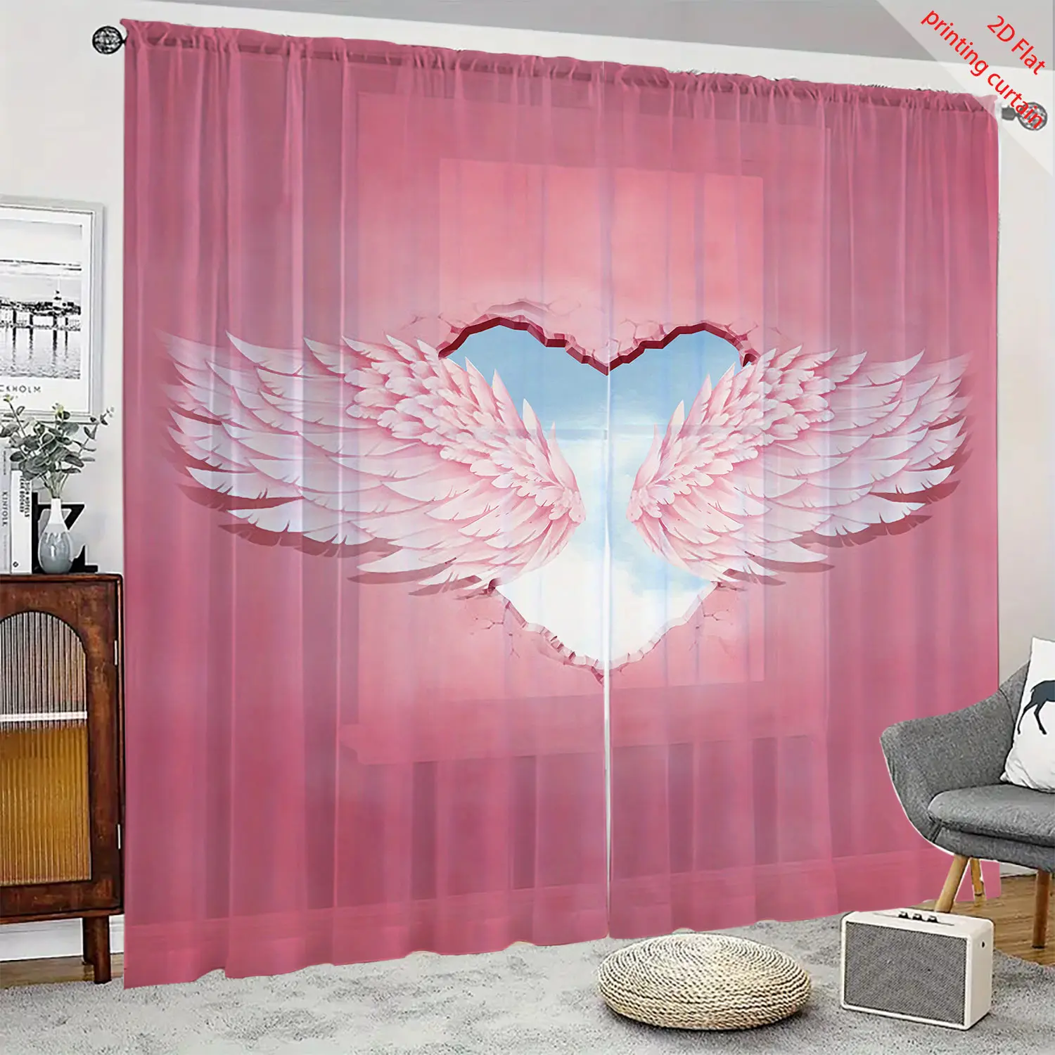 

Pink wing pattern printed gauze curtain, transparent home curtain, suitable for office dormitory living room balcony decoration