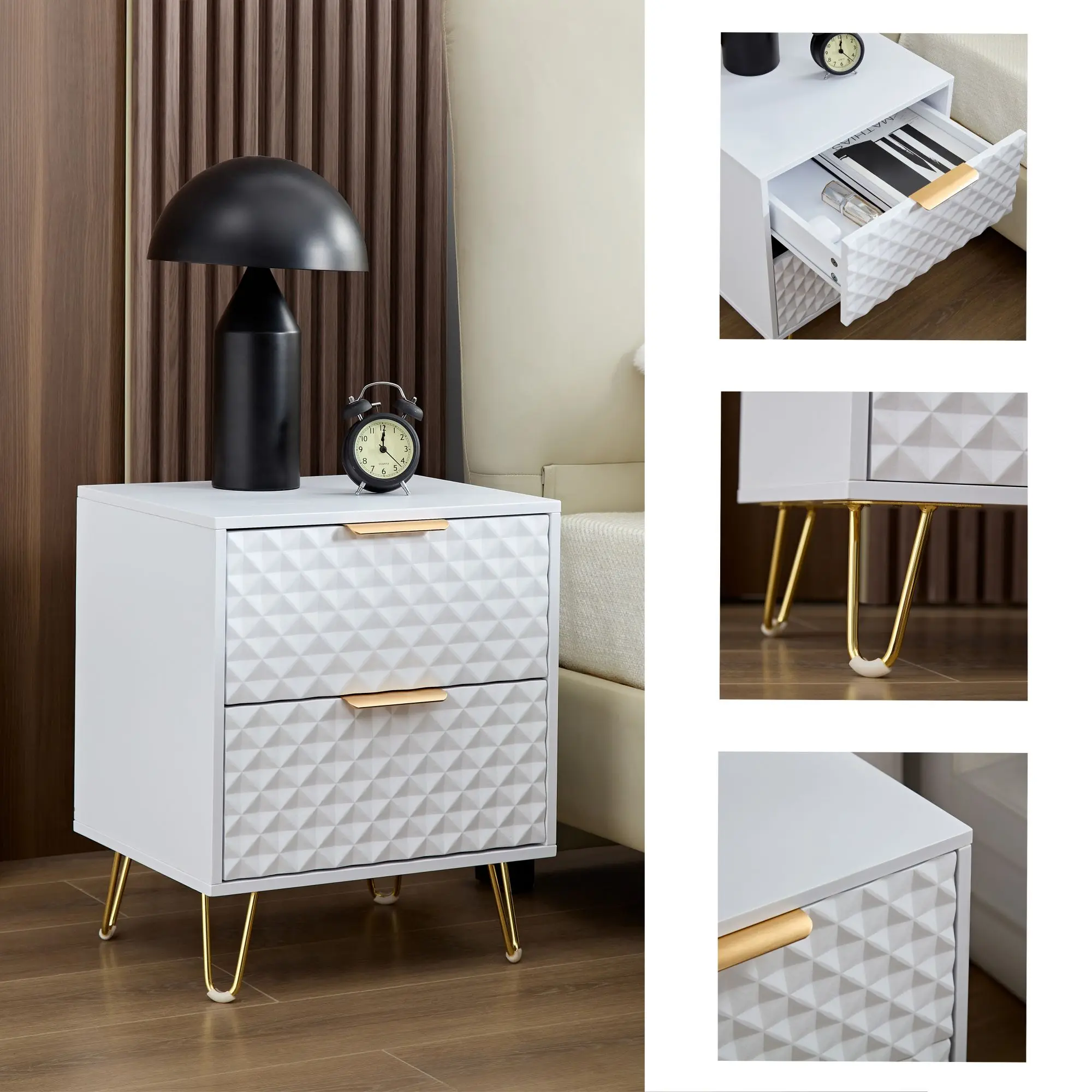 White bedside table, 2 drawers bedside table with metal legs, 20 inch tall wooden night table, bedroom, living room, (set of 1)