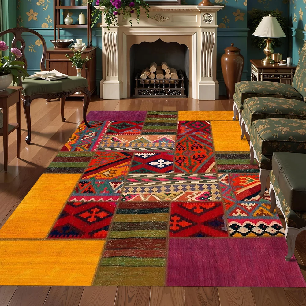 Tapis à grille en Patchwork de Style ethnique, paillasson créatif pour porche de ferme, décoration chaude pour salon et chambre à coucher