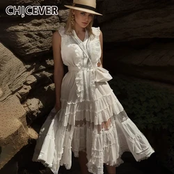 Chicever-女性用パッチワークニットドレス,Vネック,ノースリーブ,裸の肩,ハイウエスト,スリット,フリル,マキシドレス,夏