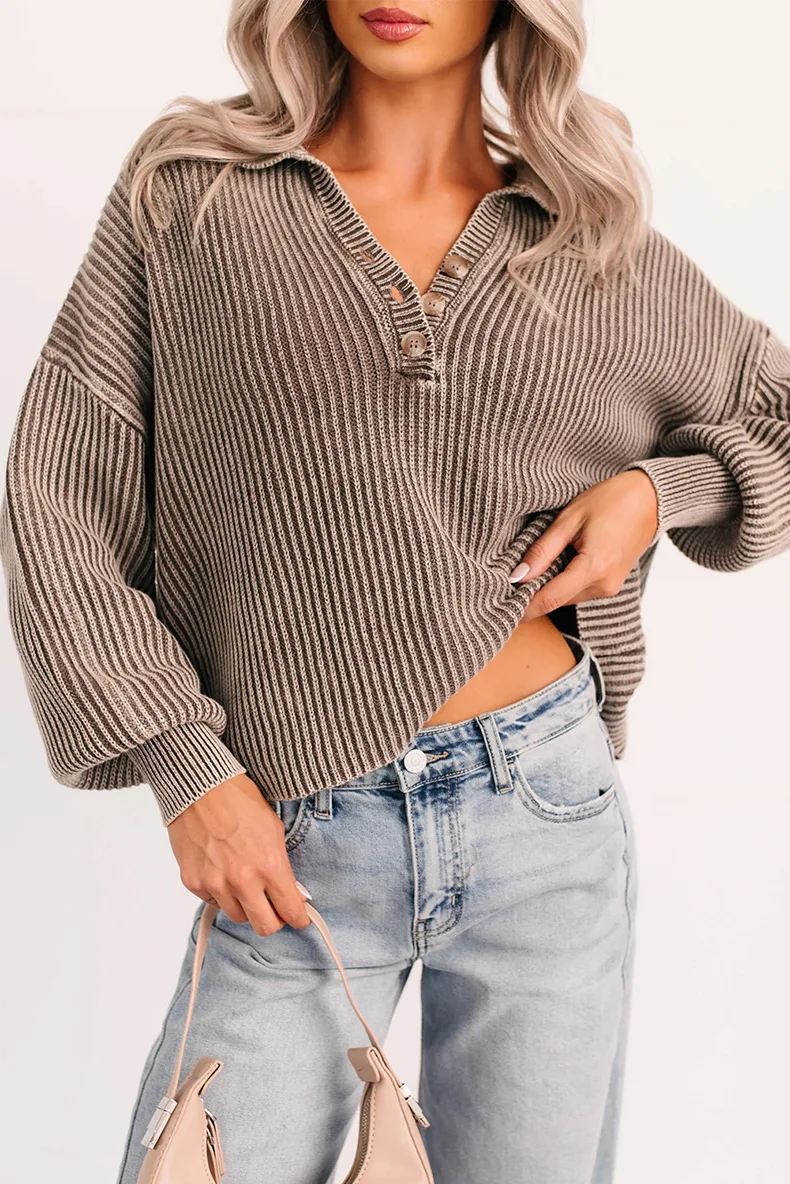 

Женский коричневый полосатый вязаный свитер в рубчик большого размера с v-образным вырезом и планкой на пуговицах с длинными рукавами, мягкий повседневный топ для осенне-зимней одежды