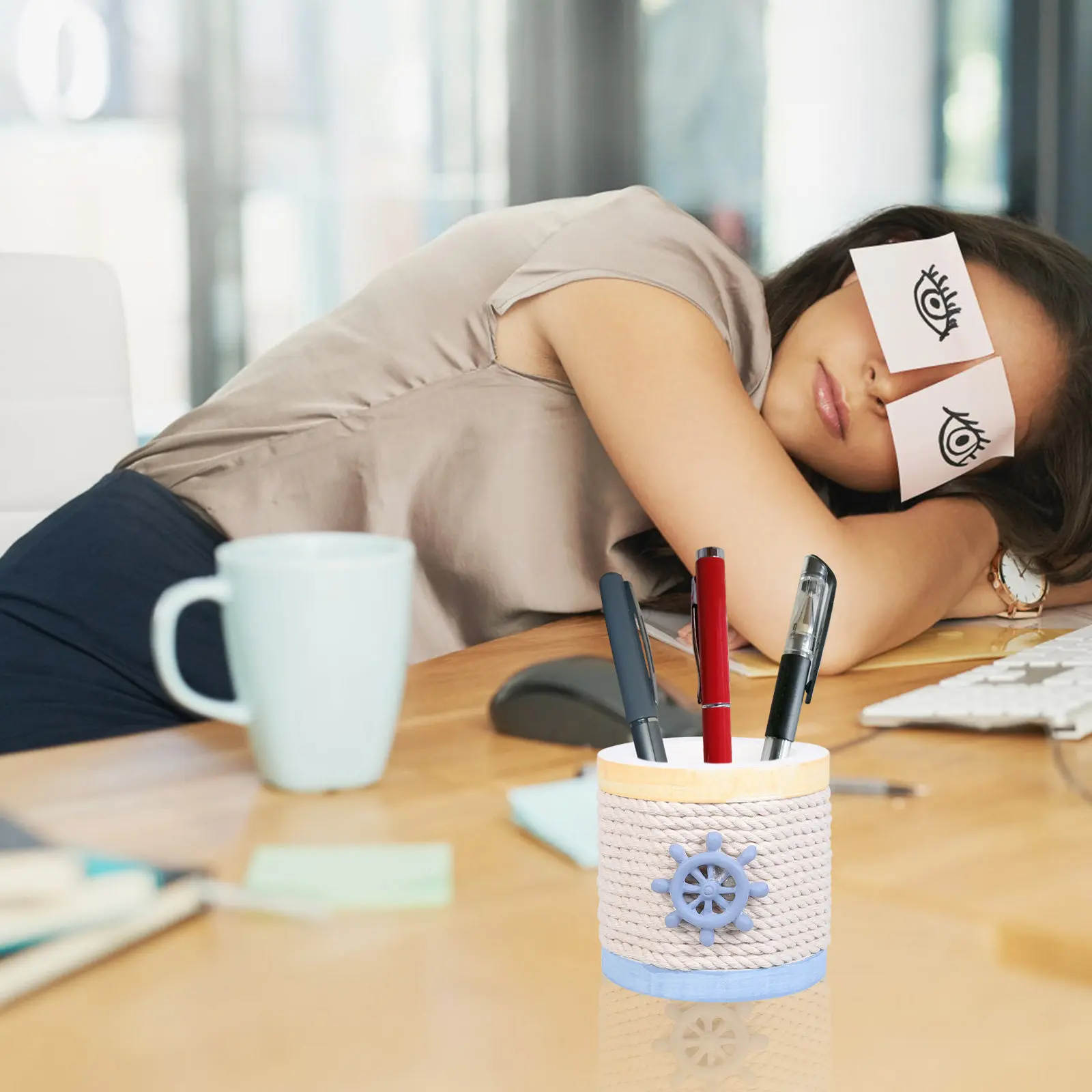 

1Pcs Wooden Pen Holder Classic Pencil Stand High Desk Organizer Makeup Brush Container Cotton Rope Design