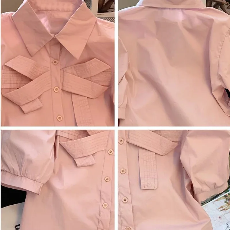 Korean Chic Sweet Bow Lapel Shirts French Style Bubble Short Sleeve Buttoned Blouse Summer Fresh Camisas Casual Elegant Blusas