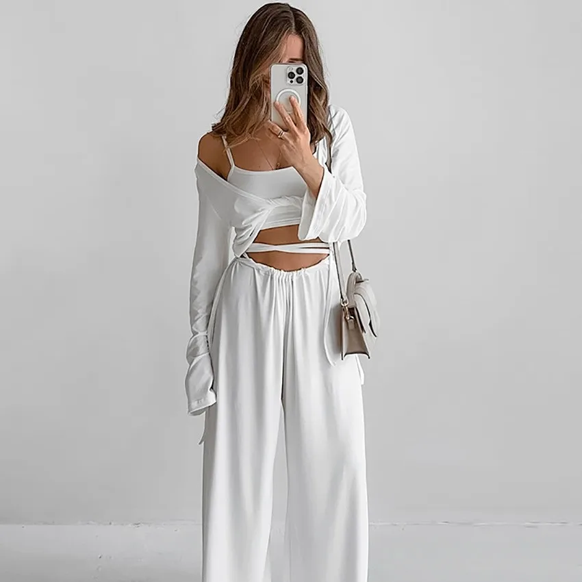 Summer Women Pajama Crop Top Wide Leg Sleepwear Set Beige Long Sleeve Gray Lounge Nightwear White Oversized Fit Home Wear