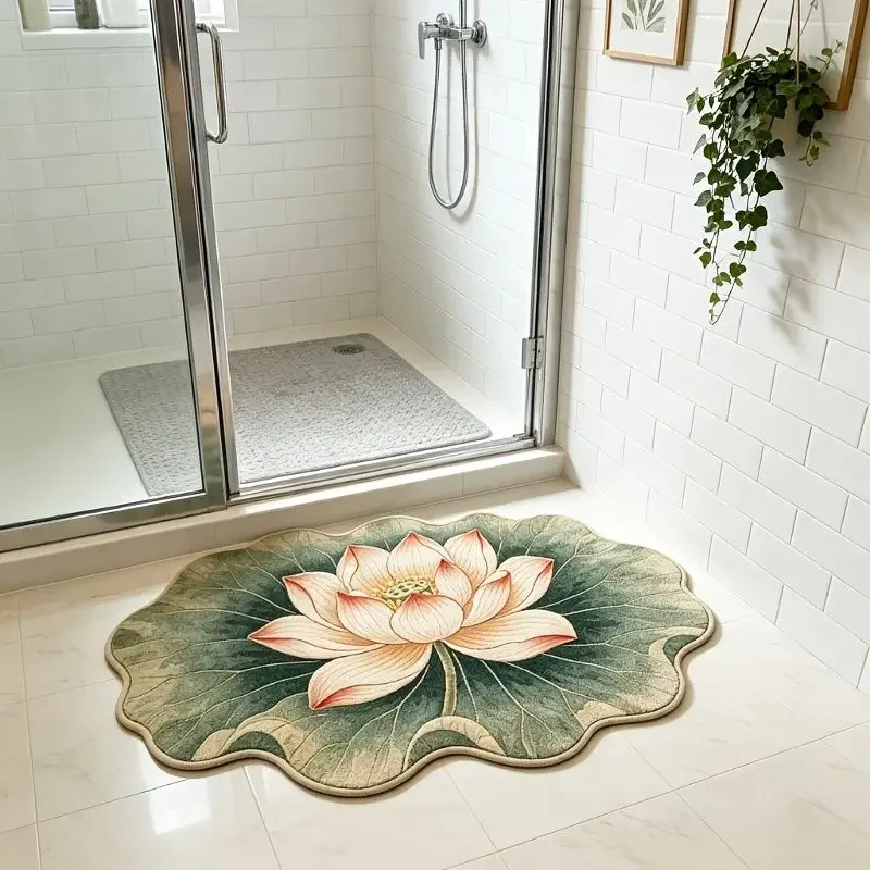VIKAMA Lotus Lotus Leaf Wave-shaped Bathroom Floor Mat, Anti-slip Water Absorbing Entrance Floor Mat, Home Decoration