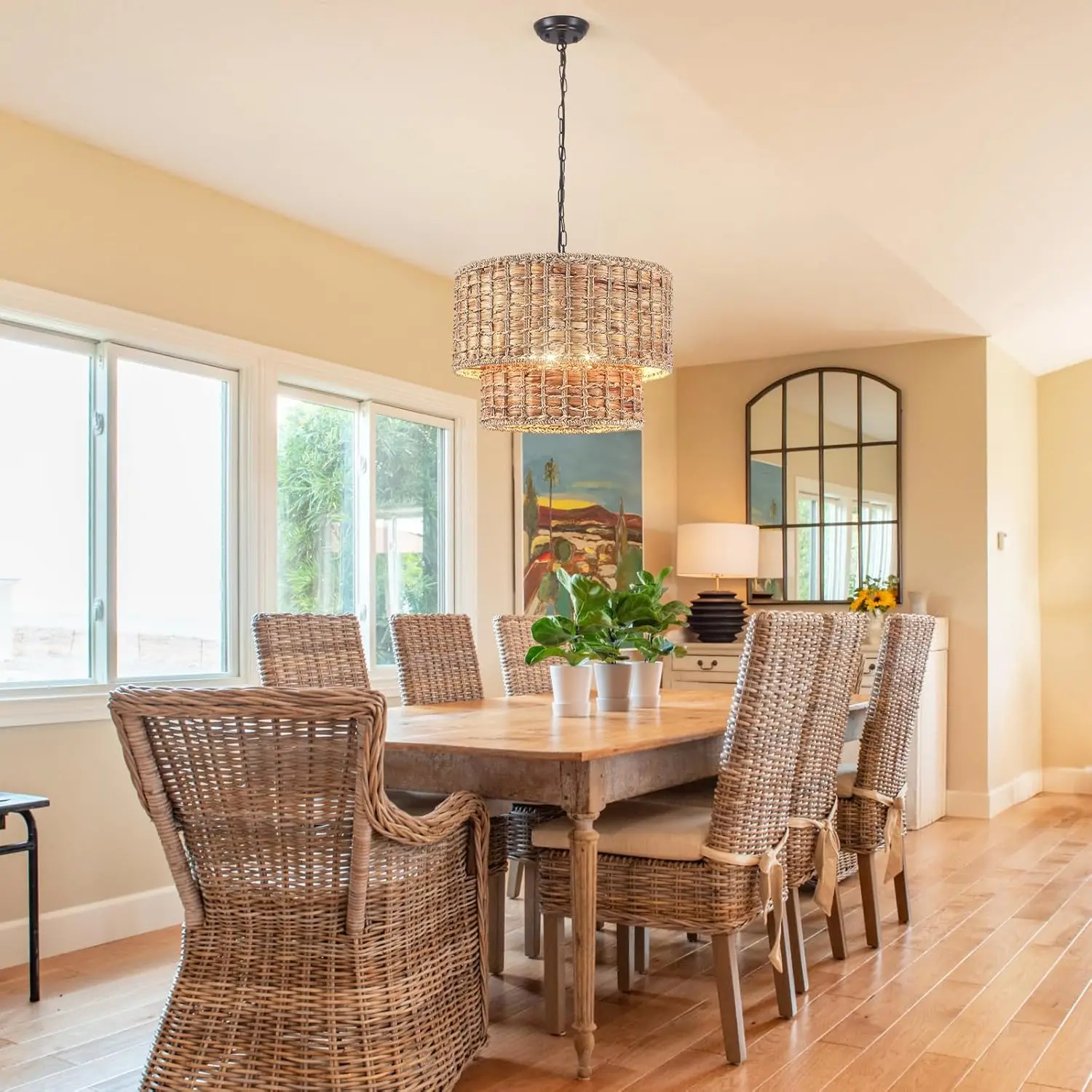 Generies-Lustre Boho Rattan com Abajur Jacinto de Água, Grande Luz Pingente de Quinta, Generies 2 Tiers, 5 Luzes, 18,9"