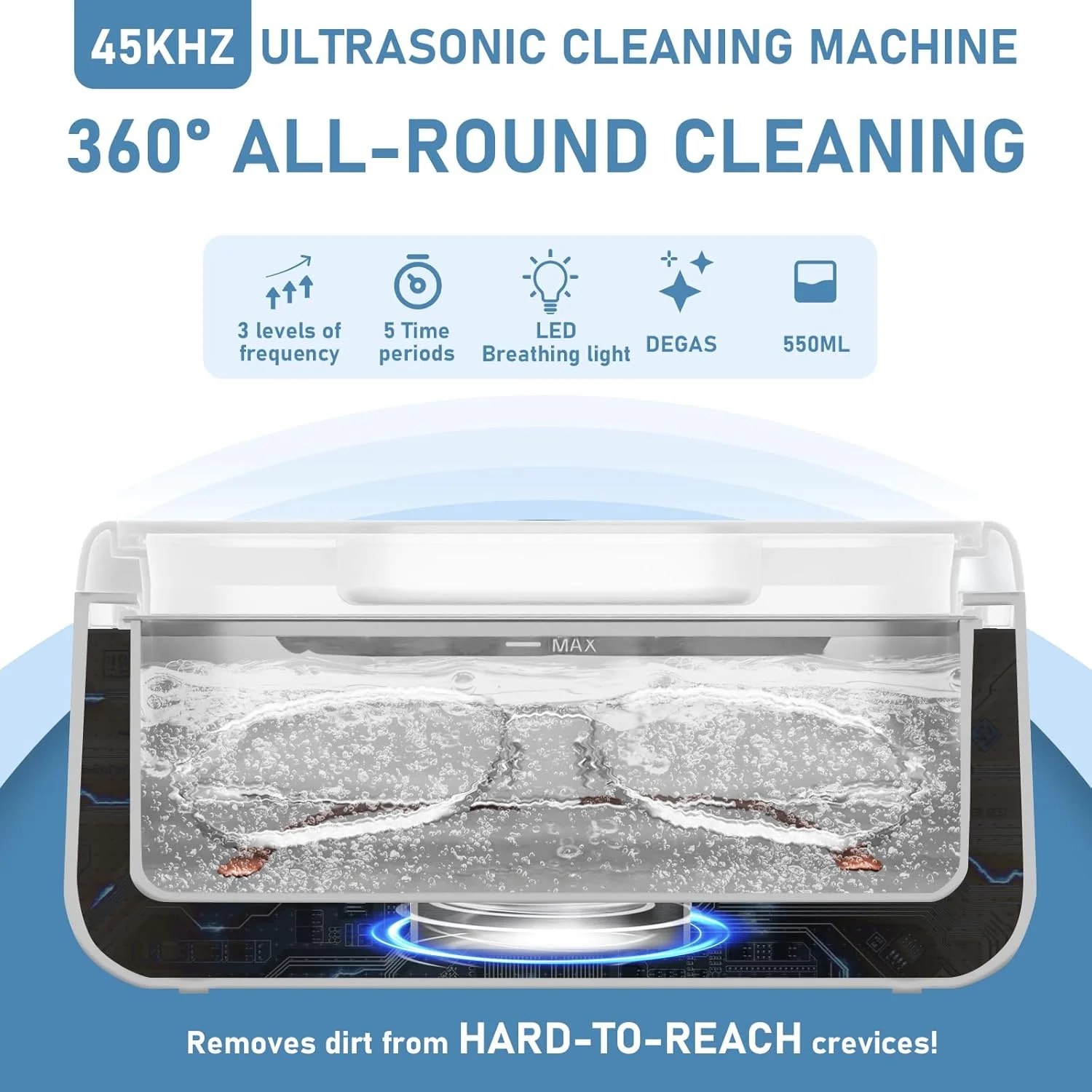 Professional Ultrasonic Cleaner 550ML Sonic Jewelry Cleaner 45KHZ Pulsating Cleaning Kit for Glasses Ring Silver Dentures